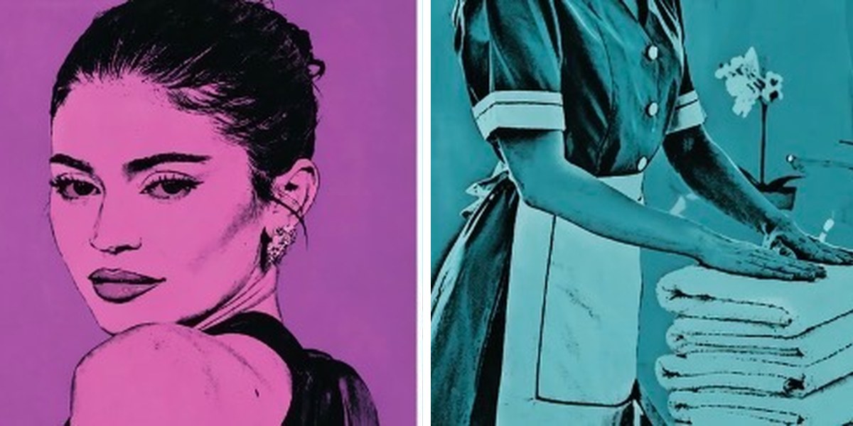 Pop-art illustration of Kylie Jenner and a housekeeper figure